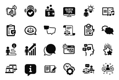 Geribildirim, İstatistik zamanlayıcısı ve Dış Kaynak çalışma simgeleriyle ilgili Eğitim simgelerinin vektör kümesi. Hızlı ipuçları, yasal belgeler ve kurye imzaları. Onaylanmış internet, mahkeme yargıcı ve kontrol listesi. Vektör