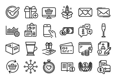 Ekle hediye seti, şampanya bardağı ve akıllı telefon hattı simgeleri hazır. Takvim raporu, para cüzdanı ve kredi kartı etiketi. Operasyonel mükemmellik, Heartbeat zamanlayıcısı ve Gerçekler simgeleri. Vektör