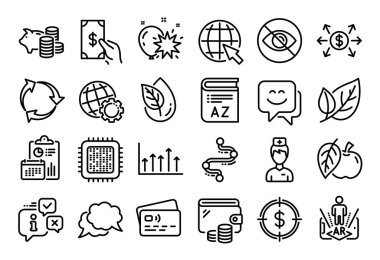 Geri Dönüşüm, internet ve işlemci satırı simgelerinin vektör kümesi ayarlandı. Takvim raporu, para cüzdanı ve kredi kartı etiketi. Yaprak, Doktor ve Dolar hedef simgeleri. Vektör