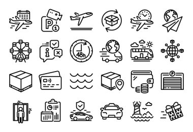 Teslimat servisinin vektör seti, kalkış uçağı ve otopark çizgisi simgeleri ayarlandı. Takvim raporu, para cüzdanı ve kredi kartı etiketi. Uçuş süresi, kağıt uçak ve lojistik ağ simgeleri. Vektör