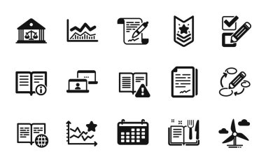 Anlaşma belgesinin vektör seti, belge imzası ve Tarif kitabı simgeleri basit ayarlar. Kullanma kılavuzu, saray binası ve dış kaynak çalışma simgeleri. Anlaşma belgesi basit bir web sembolü. Vektör