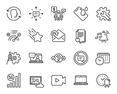 Cogwheel ayırıcıların vektör seti, Smartphone su geçirmez ve alarm ses çizgisi simgeleri ayarlandı. 5g wifi, Sms ve Quiz test simgeleri. Alarm zili, Yüz Kimliği ve Arama dosya işaretleri. Çarklı ayırıcılar web sembolü. Vektör