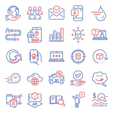 Teknoloji simgeleri ayarlandı. Gıda uygulaması, elektrik uygulaması, dönüş paketi işaretleri olarak simge eklendi. Hidroelektrik, yatırım kontrolü, bulut hesaplama sembolleri. Grafik çizelgesi, onaylanmış onay kutusu, grup. Faq. Vektör