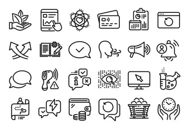 Organik ürün vektör kümesi, Seyahat yolu ve onaylanmış ileti çizgisi simgeleri ayarlandı. Takvim raporu, para cüzdanı ve kredi kartı etiketi. Vektör