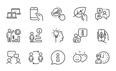 İnsan simgeleri ayarlandı. Destek sohbeti olarak simge, fikir, çalışanların varlık tabelaları dahil. Akıllı telefon, ekoloji uygulaması, insanların sohbet sembolleri. Gülümse, organik test, Workflow. Çalışma saatleri. Vektör