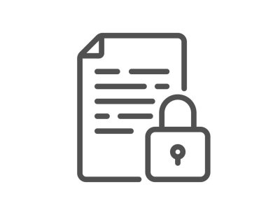 Kilit çizgisi simgesi. Korunan belge işareti. Asma kilit dosya sembolü. Kalite tasarım elemanı. Satır biçimi kilit simgesi. Düzenlenebilir felç. Vektör