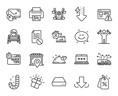 Dambıl egzersizi vektör seti, yanlış dosya ve kamyon dağıtım çizgisi simgeleri ayarlandı. İndirim etiketleri, bilgisayar faresi ve pazar konumu simgeleri. Enerji düşüşleri, resim yazdırma ve Mini bilgisayar işaretleri. Vektör