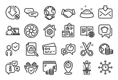 İnternet rehberi vektör kümesi, kredi yüzdesi ve zaman çizelgesi simgeleri ayarlandı. Takvim raporu, para cüzdanı ve kredi kartı etiketi. Güvenlik, Arama belgesi ve fan motor simgeleri. Vektör