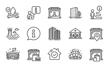 Bina simgeleri ayarlandı. Gökdelen binaları, Arena Stadyumu, pazar işaretleri gibi ikonlar da dahil. Deniz feneri, pazar yeri, mahkeme binası sembolleri. Arena, binalar, ev güvenlik çizgisi simgeleri. Vektör