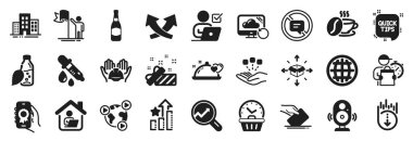 Çevrimiçi oylama, oy pusulası, Analitik simgeler gibi iş simgeleri. Romantik yemek, Liderlik, bira şişesi işaretleri. Konsolidasyon, binalar, kavşak okları. Paket teslimatı. Vektör