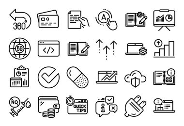 360 derecelik vektör seti, komut bilgisi ve çevrimiçi belge satırı simgeleri ayarlandı. Takvim raporu, para cüzdanı ve kredi kartı etiketi. Tut belgesi, 5g internet ve Not Defteri servis simgeleri. Vektör