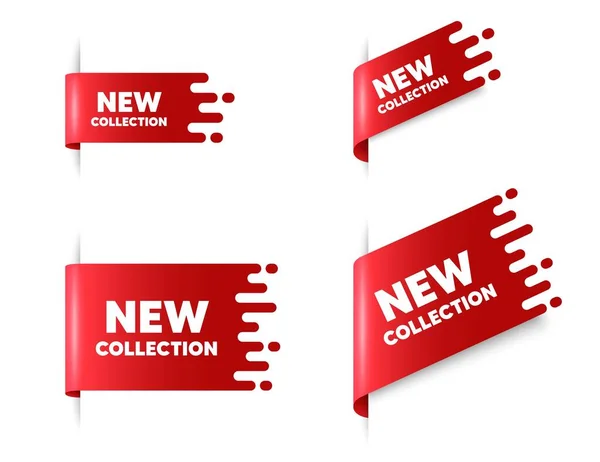新しいコレクションテキスト 赤いリボンタグのバナーを設定します 新しいファッションの到着サイン 広告は記号を提供する 新しいコレクションステッカーリボンバッジバナー 赤の販売ラベル ベクトル — ストックベクタ