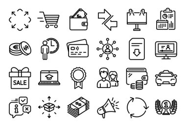 Tasarruf, Takım çalışması ve Yol simgeleri vektör seti ayarlandı. Takvim raporu, para cüzdanı ve kredi kartı etiketi. Satış teklifi, çevrimiçi video ve büyütme ikonları. Vektör