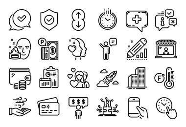 Otopark ödemesi vektör seti, Ajan ve Başlangıç roket hattı simgeleri ayarlandı. Takvim raporu, para cüzdanı ve kredi kartı etiketi. Rüzgar enerjisi, çift ve tıbbi sohbet ikonları. Vektör