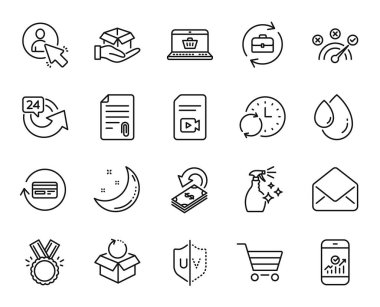 Video dosyasının vektör seti, temizleyici ve 24 saatlik hat simgeleri ayarlandı. Yağ damlası, Posta ve Eklenti simgeleri. Güncelleme zamanı, Honor and Hold tabelaları. Video dosyası web sembolü. Vektör