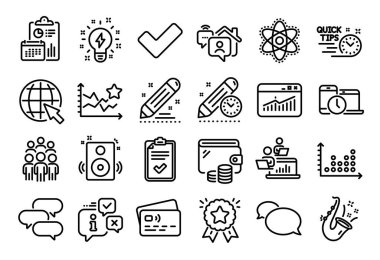 Tick, Kimya Atomu ve Proje bitiş tarihi simgelerinin vektör kümesi ayarlandı. Takvim raporu, para cüzdanı ve kredi kartı etiketi. Marka sözleşmesi, Kontrol Listesi ve Takım çalışması simgeleri. Vektör