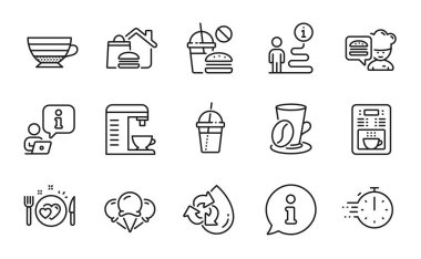Yiyecek ve içecekler belirlenmiştir. Cappuccino olarak ikon, Şef, yemek pişirme zamanlayıcısı. Romantik yemek, kahve fincanı, kahve makinesi sembolleri. Dondurma, fast food, yiyecek teslimatı. Suyu geri dönüştür. Vektör