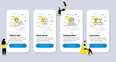 Roller coaster, Face biometrics, düzenleyici kişi simgeleri gibi bir dizi teknoloji simgesi. İnsanlarla UI telefon uygulaması ekranları. Kabarık çizgi sembolleri. Çekim parkı, yüz tanıma, kullanıcı bilgilerini değiştir. Vektör