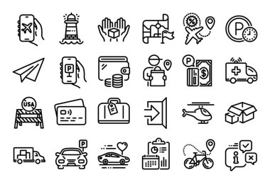 Ambulans arabası, deniz feneri ve uçuş modu simgeleri ayarlandı. Takvim raporu, para cüzdanı ve kredi kartı etiketi. Park zamanı, balayı seyahati ve helikopter ikonları. Vektör