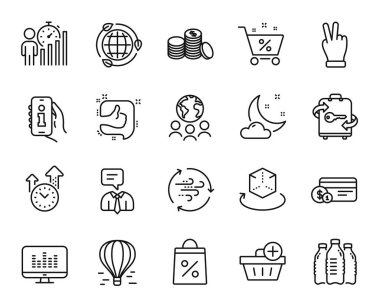 Eko enerjili vektör seti, alışveriş torbası ve Gece Hava Çizgisi simgeleri ayarlandı. Küresel iş, Artırılmış gerçeklik ve Ödeme metodu simgeleri. Zaman yönetimi, satın alma işaretleri ekle ve beğen. Vektör