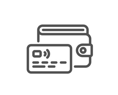 Cüzdan çizgisi simgesi. Kredi kartı işaretli para çantası. Nakit bütçe sembolü. Kalite tasarım elemanı. Satır stili cüzdan simgesi. Düzenlenebilir felç. Vektör