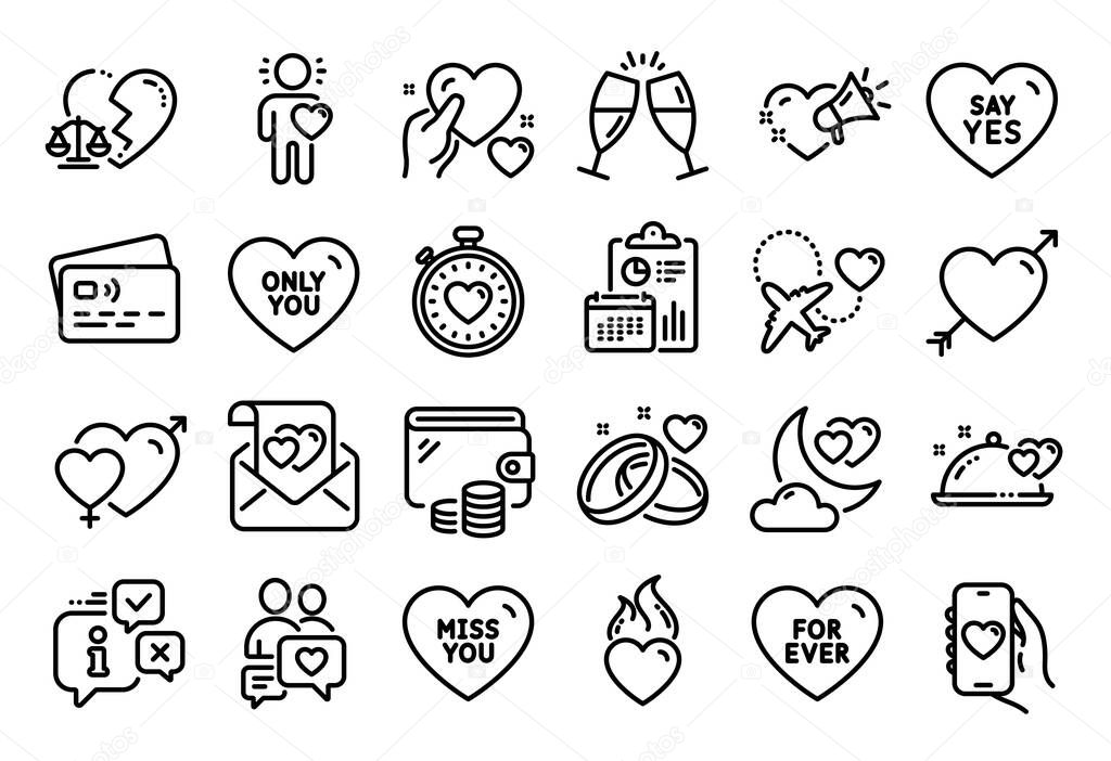 Vector set of Love, Dating chat and Say yes line icons set. Calendar report, Money wallet and Credit card tag. Miss you, Divorce lawyer and Love letter icons. Vector
