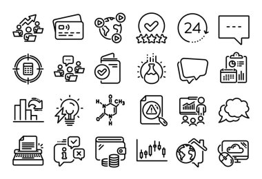 Konuşma baloncuğu vektör kümesi, Derecelendirme yıldızları ve Sohbet mesaj satırı simgeleri ayarlandı. Takvim raporu, para cüzdanı ve kredi kartı etiketi. Sunum, 24 saat ve elektrik ampul simgeleri. Vektör