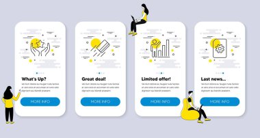 Grafik çizelgesi, sıralama, kredi kartı simgeleri gibi bir dizi teknoloji simgesi. İnsanlarla UI telefon uygulaması ekranları. Dosya yönetim çizgisi sembolleri. Büyüme raporu, Hold Star, banka ödemesi. Vektör