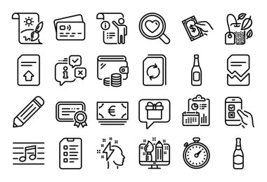 Avro para birimi vektör seti, Kalem ve Arama aşk çizgisi simgeleri ayarlandı. Takvim raporu, para cüzdanı ve kredi kartı etiketi. Beyin fırtınası, gezici araştırma ve kontrol listesi simgeleri. Vektör