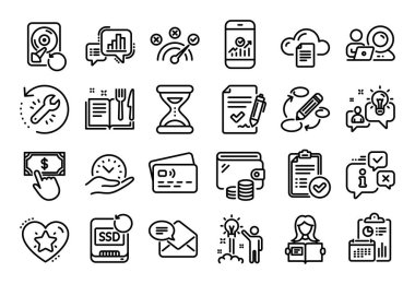 Anahtar sözcük, Dosya depolama ve Görüntü konferans satırı simgelerinin vektör kümesi ayarlandı. Takvim raporu, para cüzdanı ve kredi kartı etiketi. Doğru cevap, güvenli zaman ve fikir simgeleri. Vektör