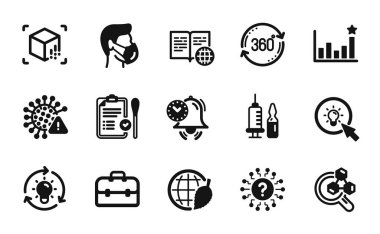 Soru işareti vektör kümesi, burun testi ve kimya laboratuarı simgeleri basit küme. Tıbbi maske, Covid virüsü ve zaman yönetimi ikonları. Tıbbi aşı, tam rotasyon ve çevre gündüz işaretleri. Vektör