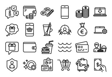 Not defteri, alışveriş arabası ve iş hedefleme simgeleri vektör seti ayarlandı. Takvim raporu, para cüzdanı ve kredi kartı etiketi. Temiz bulaşıklar, güvenlik ve internet ikonları indiriyor. Vektör