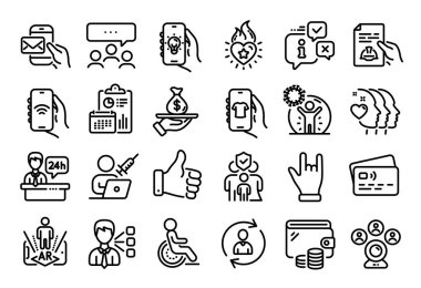 Artırılmış gerçeklik, aşı atama ve video konferans hattı simgelerinin vektör seti ayarlandı. Takvim raporu, para cüzdanı ve kredi kartı etiketi. El, Toplantı ve Aile Sigortası ikonları gibi. Vektör