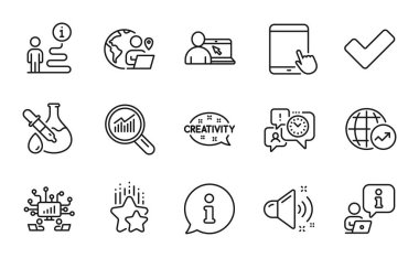 Eğitim simgeleri ayarlandı. Yaratıcılık, Zaman Yönetimi, Kimya deney işaretleri olarak simge dahil. Dünya istatistikleri, takım çalışması, dış kaynak iş sembolleri. Kene, Tablet, Yıldızlar. Vektör