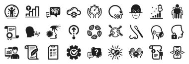 Coronavirus spreyi, Artırılmış gerçeklik gibi bir dizi bilim ikonu ikonları, simgeleri silerler. Bulut hesaplama, organik testler, dünya aşılama işaretleri. Soru işareti, hızlı ipuçları, tıbbi maske. Zamanlayıcı. Vektör