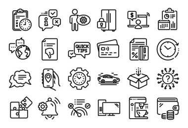 Araba vektör seti, hızlı ipuçları ve sınav çizelgesi simgeleri ayarlandı. Takvim raporu, para cüzdanı ve kredi kartı etiketi. Çevrimiçi alışveriş, Parmak aşağı ve bildirim çanları simgeleri. Vektör