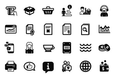 Kadın, Geribildirim ve Yazıcı simgeleriyle ilgili basit simgeler kümesi. Bomba kahvesi, Destek ve Arama dosya tabelaları. Dalgalar, Açılmış Kutular ve Flört Sohbeti. Yatırım, Tasarruf ve Bağlanma. Vektör