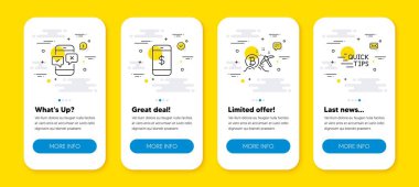 Akıllı telefon ödemeleri, Bitcoin madenciliği ve telefon araştırma çizgisi ikonlarının vektör seti ayarlandı. Satır simgeli UI telefon uygulaması ekranları. Eğitim ikonu. Cep telefonu ödemesi, kripto para birimi kazması, mobil sınav testi. Vektör