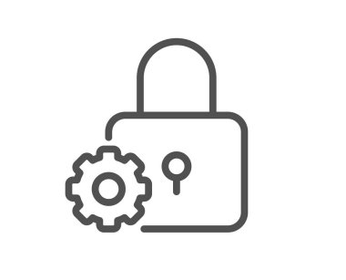 Kilit çizgisi simgesi. Asma kilit çark işareti. Güvenlik ayarları sembolü. Kalite tasarım elemanı. Satır biçimi kilit simgesi. Düzenlenebilir felç. Vektör