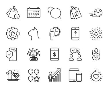 Vector set set ayarlar, insanlar oy veriyor ve telefon hattı simgeleri ayarlandı. Balon dartı, takvim ve glütensiz ikonlar. Zaman yönetimi, yukarı kaydırma ve Haberci işaretleri. Vektör