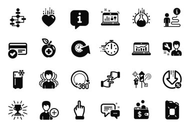 Ödül, Ödeme Yöntemleri ve Tıklama simgeleri ile ilgili iş simgeleri kümesi. Kredi, tıbbi gıda ve güncelleme zamanı. Diyagramı engelle, orta parmak ve kişi ekle. Kalp. Vektör