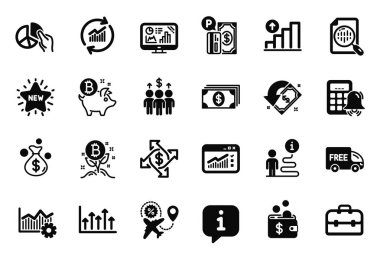 Ücretsiz teslimat, Operasyonel Mükemmellik ve Büyüme grafikleri simgeleriyle ilgili vektör kümesi simgeleri. Web trafiği, Bitcoin projesi ve Analitik grafik tabelaları. Toplantı, para çantası ve yeni yıldız. Vektör