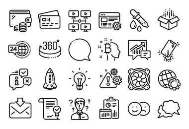 Roket vektör kümesi, Konuşma ve Konuşma baloncuğu çizgisi simgeleri ayarlandı. Takvim raporu, para cüzdanı ve kredi kartı etiketi. Kutuyu aç, onaylanmış anlaşma ve uyarı simgeleri. Vektör