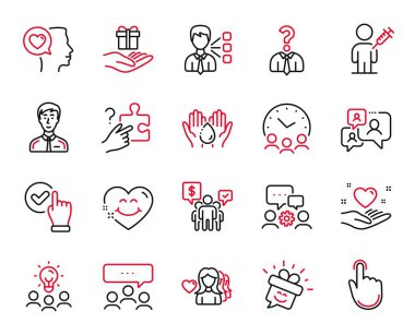 El Tıklama, Gülümseyin ve Sohbet Simgelerini Destekleyin ile ilgili vektör İnsan Simgeleri Kümesi. Çek kutusu, iş adamı ve üçüncü şahıs tabelaları. Takım çalışması, Arama Bulmacası ve Buluşma. Ellerini yıka. Vektör