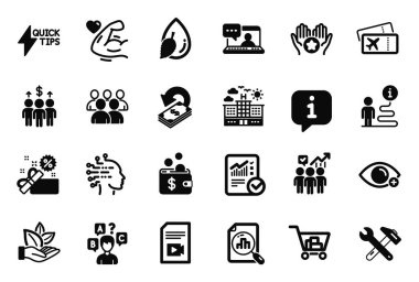 Güçlü Kol, Arkadaş Sohbeti ve Grup simgeleriyle ilgili iş simgeleri. İş istatistikleri, su bırakma ve sınav tabelaları. Kontrol edilen hesaplama, organik ürün ve video dosyası. Vektör