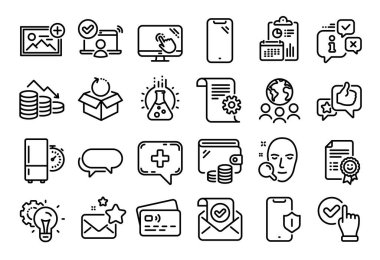 Yüz araması vektör seti, Akıllı Telefon ve Para kaybı çizgisi simgeleri ayarlandı. Takvim raporu, para cüzdanı ve kredi kartı etiketi. Tıbbi sohbet, Checkbox ve Messenger simgeleri. Vektör