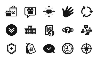 Şirket, Sms ve Sale etiket simgelerinin vektör kümesi basit. Yıldız hedefi, tıbbi kalkan ve el simgeleri. Takım çalışması, Sınav ve Dilek Listesi işaretleri. Aşağı in, Alışveriş ve Onaylı Mesaj. Vektör