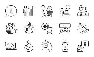 İnsan simgeleri ayarlandı. Wash Hands 'in simgesi olan Bitcoin el işaretleri gibi düşünüyor. Faq, toplantı, iş adamı dava sembolleri. Paylaş, cilt bakımı, kazanan podyum. Alışverişi bırak, grafik çizelgesi. Vektör