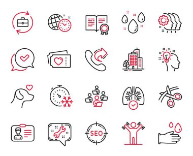 Kimlik kartı, Spanner ve Eleman takım çalışması simgeleriyle ilgili vektör satır simgeleri. Dambıl egzersizi, yağmurlu hava ve bina tabelaları. Fikir, lastik eldiven ve evcil hayvanlar umursar. - Seo. Vektör