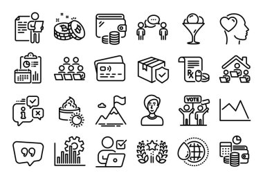 Tıbbi reçeteli vektör seti, çevrimiçi oylama ve tırnak içinde balon çizgisi simgeleri ayarlandı. Takvim raporu, para cüzdanı ve kredi kartı etiketi. İş kadını, dondurma ve sıralama ikonları. Vektör